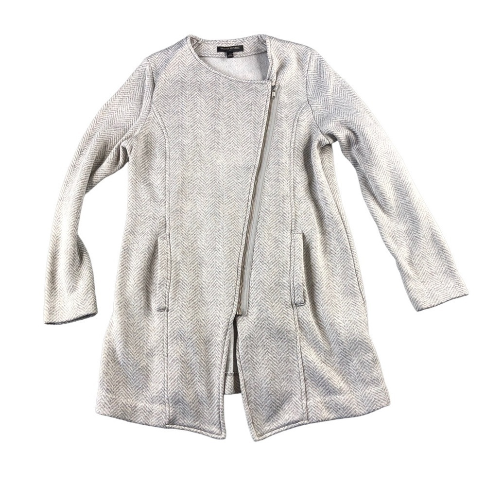 Banana Republic Womens Small Cream Taupe Herringbone Asymmetrical Zip Sweater